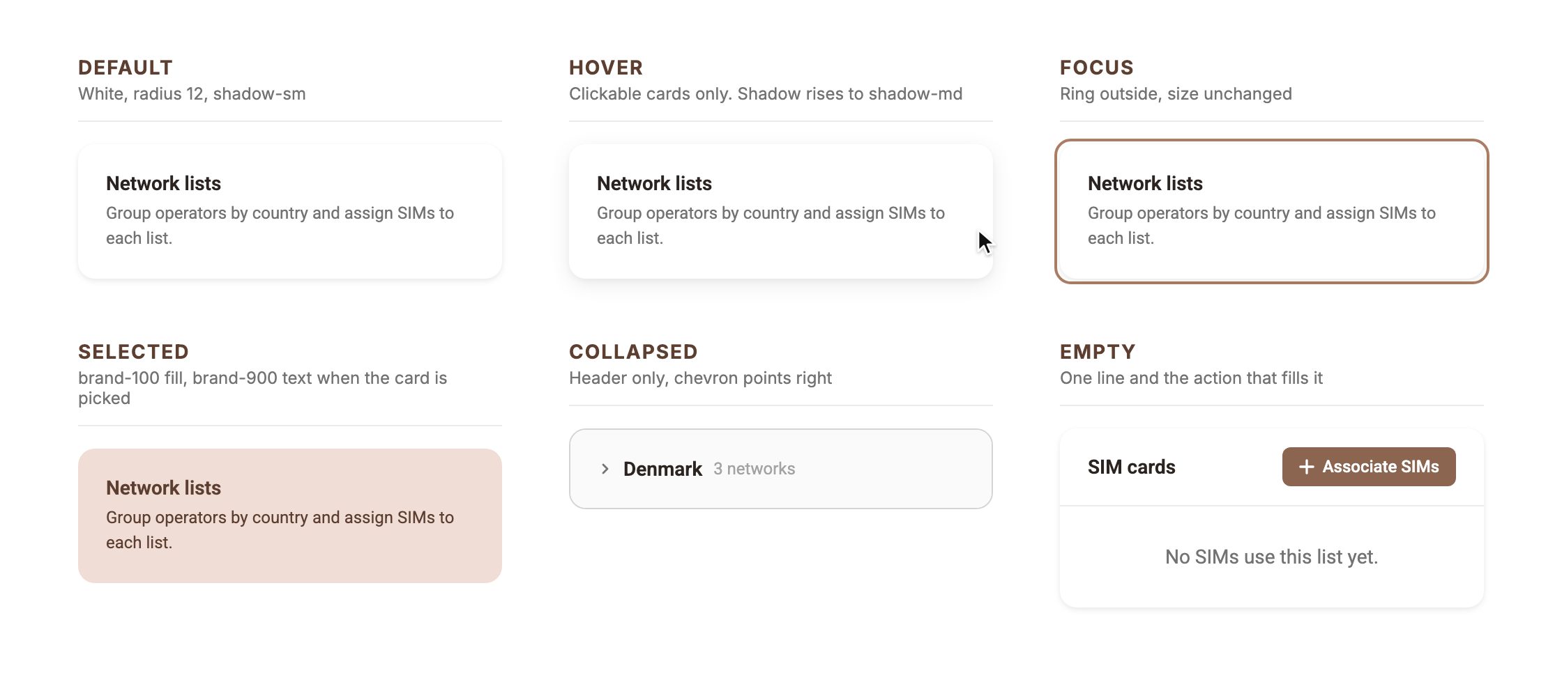 Card states: default, hover, focus, selected, collapsed, empty